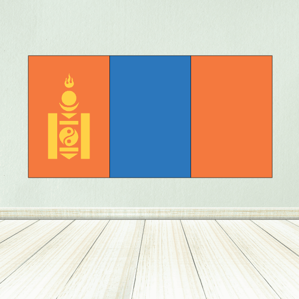 Mongolia flag sticker, orange-blue-orange horizontal stripes with golden emblem on left