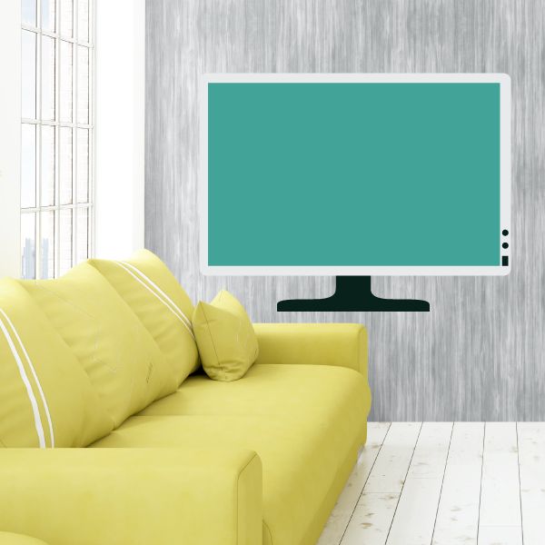 Teal TV monitor wall decal with dark stand and small right-side speaker dots