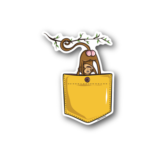 Vinyl sticker featuring cartoon monkey peeking from a yellow pocket, with green vines