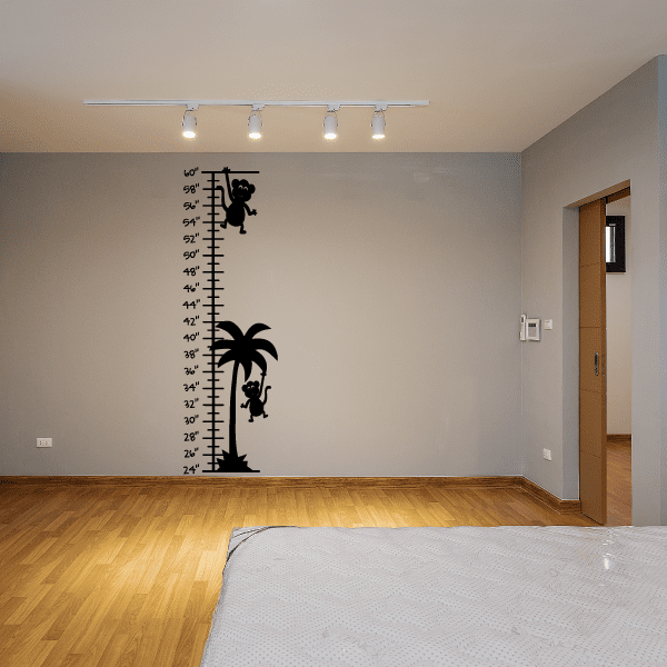 Monkey and palm tree growth chart wall decal with measuring scale, black design