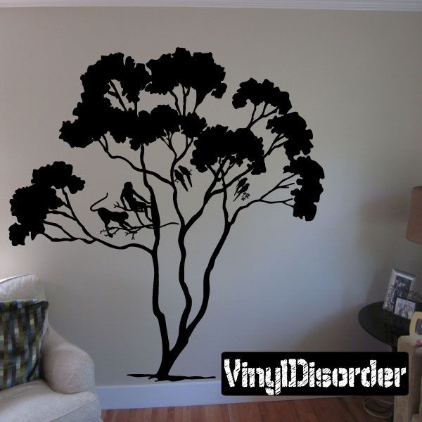 Tree branch wall decal with monkeys and birds silhouettes, large canopy and trunks