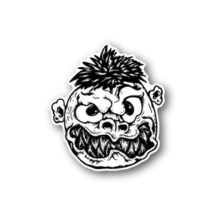 Angry monster face vinyl sticker with bold black-and-white graphic, white border outline.