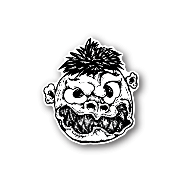 Angry monster face vinyl sticker with bold black-and-white graphic, white border outline.