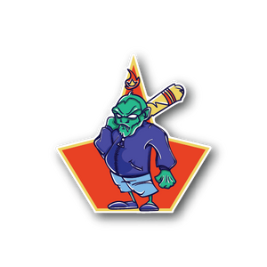 Monster baseball player vinyl sticker, blue uniform with bat and flame cap