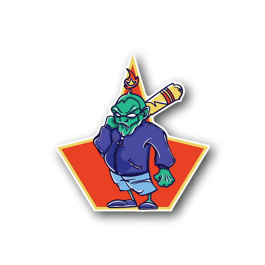 Monster baseball player vinyl sticker, blue uniform with bat and flame cap