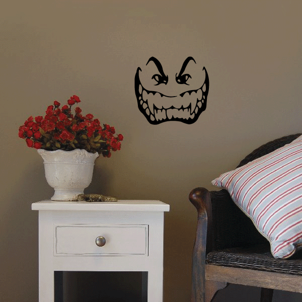 Black monster moon smile wall decal, grinning face with horns and teeth