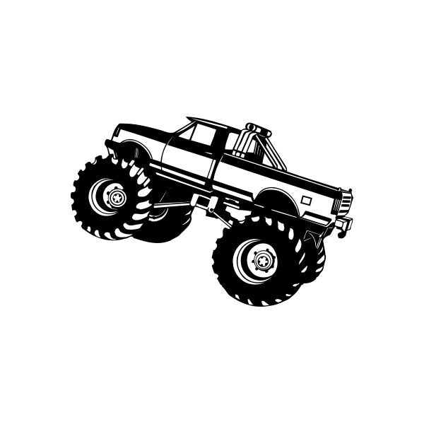 Monster truck vehicle window vinyl decal sticker, black with white tires and wheels