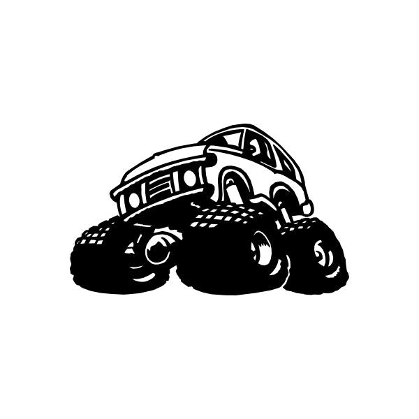 Monster truck vinyl decal sticker, black cartoon truck design for car windows.