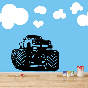 Monster truck wall decal with dark truck and tire tread, with small white clouds