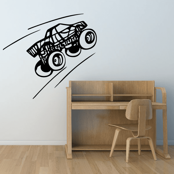 Monster truck wall decal, black vinyl design with large wheels and motion lines