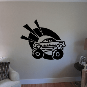 Black monster truck wall decal with large wheels and roaring mouth, vinyl car sticker