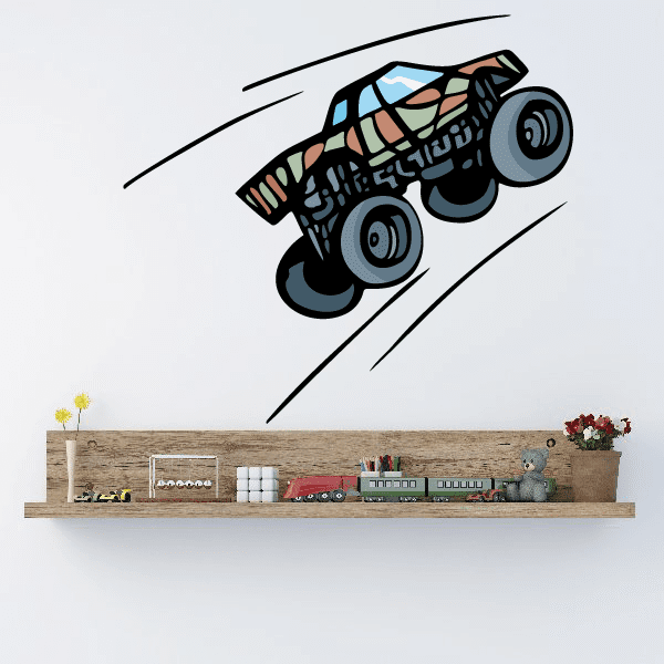 Monster truck wall decal vinyl sticker, dark blue cartoon truck with bold wheels