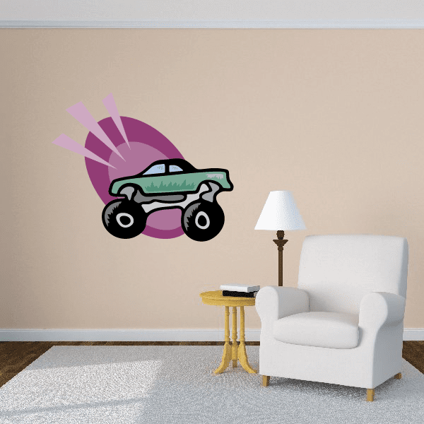 Monster truck wall decal vinyl sticker with green truck and purple burst