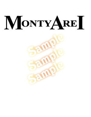 MontyAreI decal with black wordmark and repeated 'sample' text in pale white