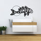 Stylized fish wall decal with moon accent, dark and light multicolor detailing