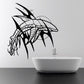 Whale and moon wall decal, black line art with flowing tail and ornate fins