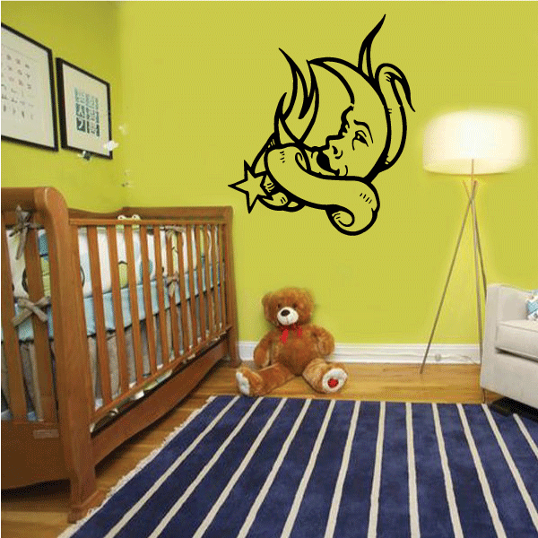 Moon and scroll wall decal with star and curving sleeping figure silhouette