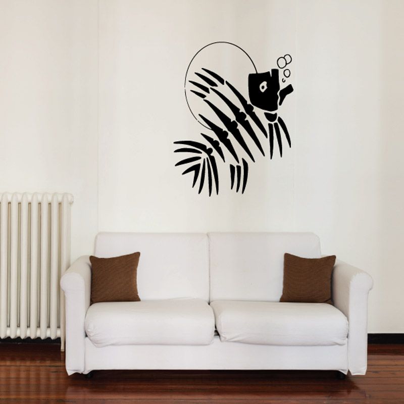 Black skeleton fish and moon wall decal with bubble accents