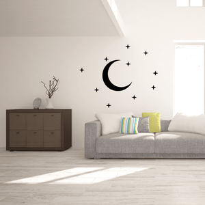 Moon and stars wall decal with black crescent moon and scattered star silhouettes