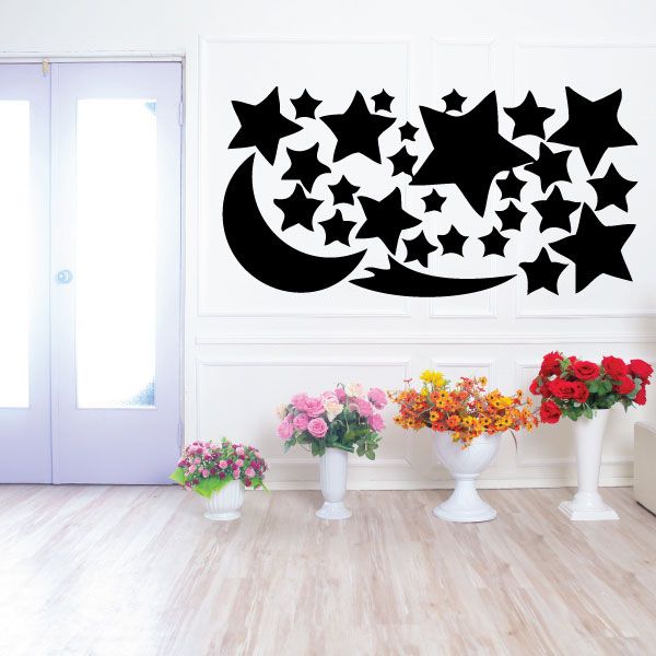 Moon and stars wall decal set with black crescent moon and scattered stars
