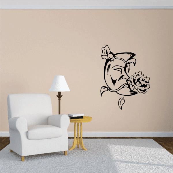 Moon biting flower wall decal in black line art