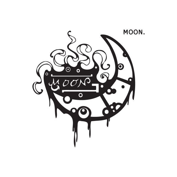 Graffiti moon decal with drips and 'MOON.' text, black outline design
