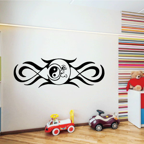 Moon and yin-yang wall decal with smiling face design in black
