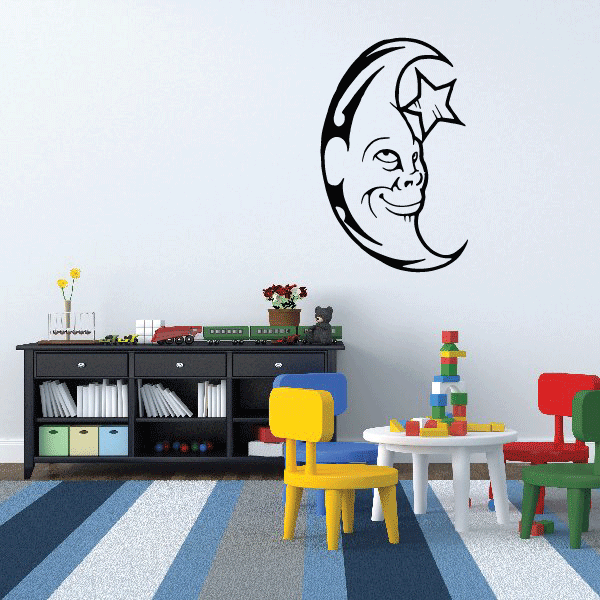 Crescent moon wall decal with star above and smiling face.