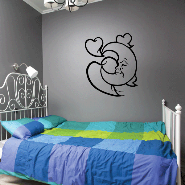 Black moon wall decal with heart shapes and cute face outline