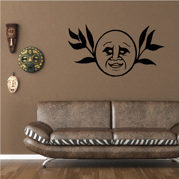 Moon with leaves wall decal, circular moon face with branching leaves, black