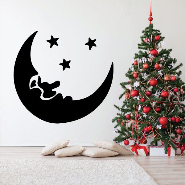 Black crescent moon and stars wall decal with small figure in the moon