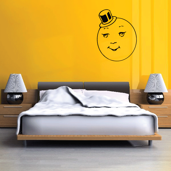Yellow cartoon moon decal with top hat and smiling face