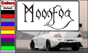 Moonfog decal with black stylized lettering on white rectangular backing