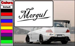 Morgul decal with cursive logo on white background