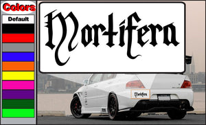 Mortifera decal with black gothic lettering on a white rectangular backing