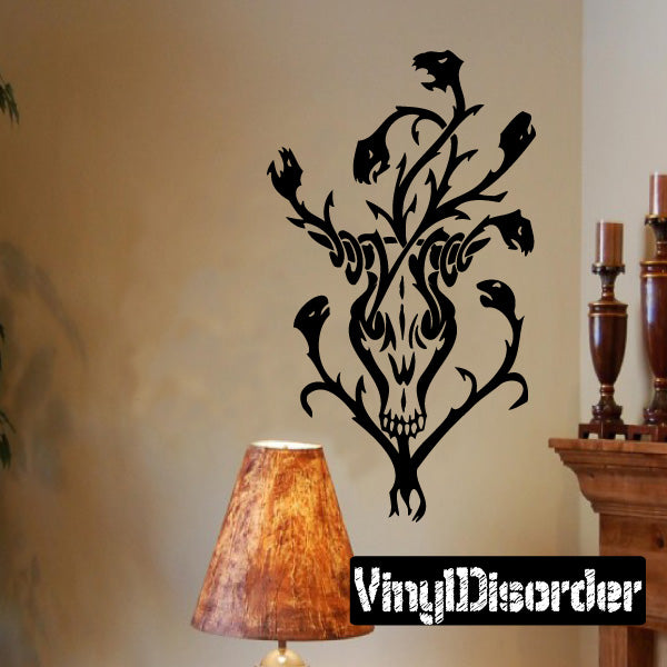 Black ornate skull-and-floral wall decal