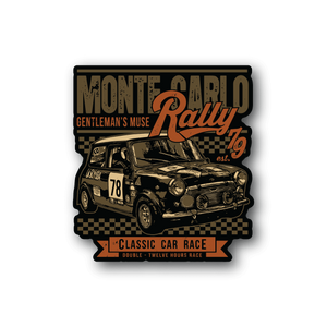 Vinyl race car sticker with Monte Carlo Rally text and classic car front, number 78
