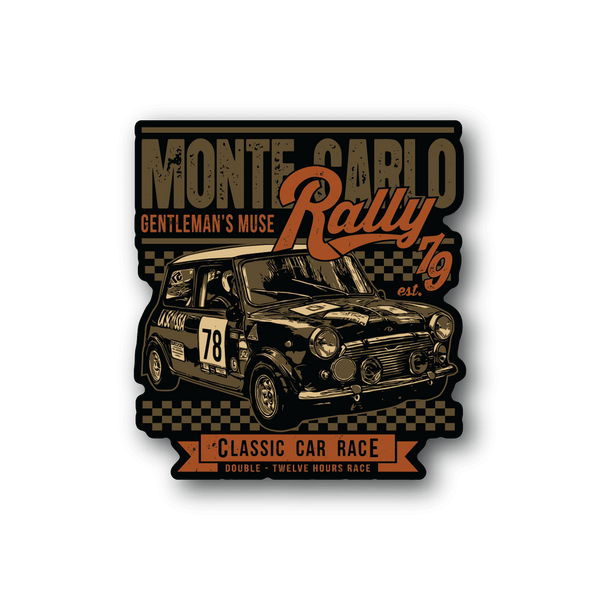 Vinyl race car sticker with Monte Carlo Rally text and classic car front, number 78