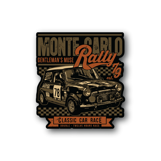 Vinyl race car sticker with Monte Carlo Rally text and classic car front, number 78