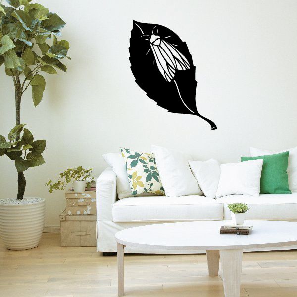 Black moth on leaf wall decal, outlined wings and antennae
