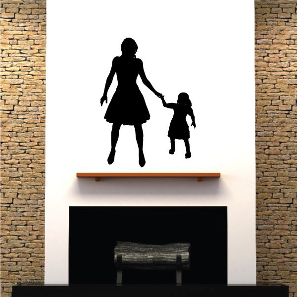 Mother and daughter wall decal, black silhouettes holding hands