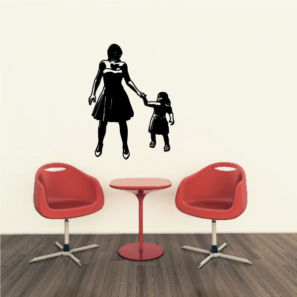 Mother and daughter walking decal, holding hands, black silhouette