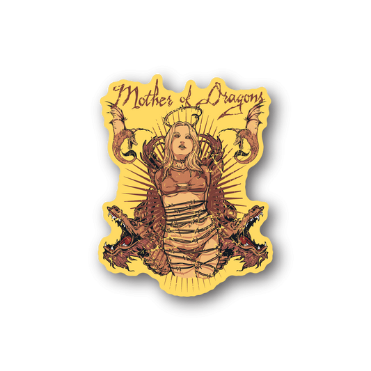Vinyl sticker with yellow illustration of a woman and dragons, die-cut