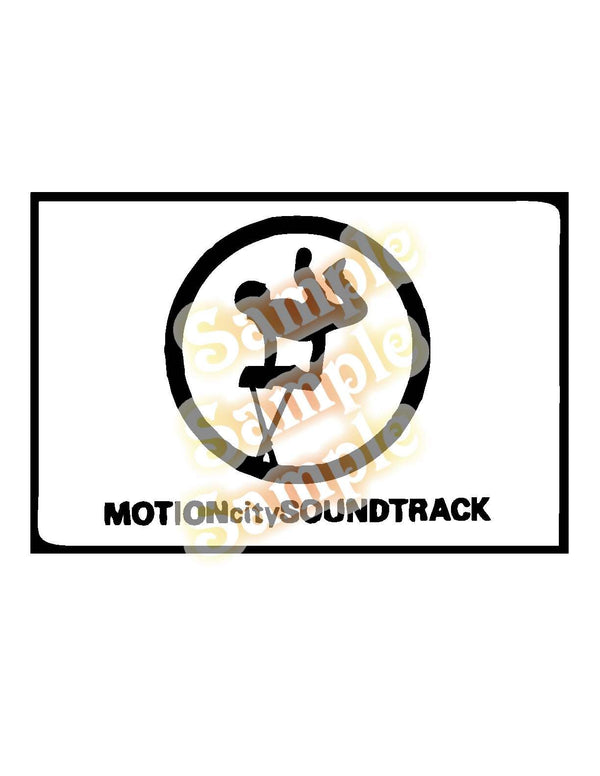 Music band decal with circular microphone and guitar logo and 'MOTION City SOUNDTRACK' text