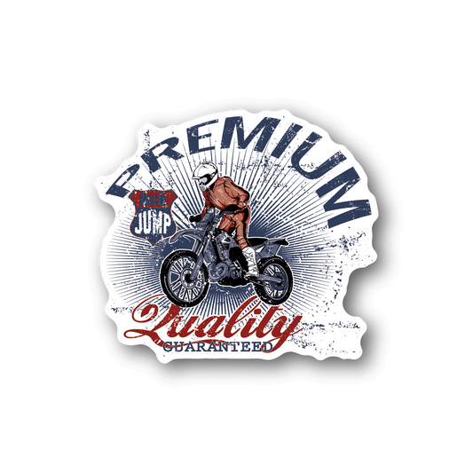 Motocross adventure vinyl sticker with motorcycle, Liberty text, Jump logo
