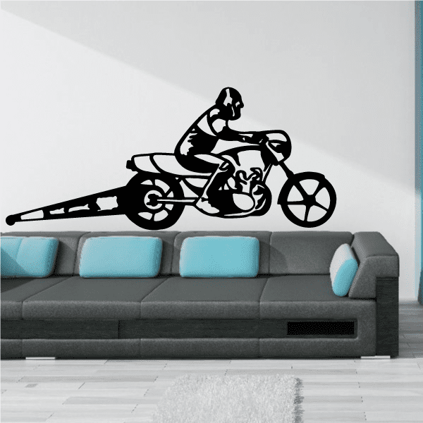 Motorcycle drag racing wall decal, black silhouette of rider and bike