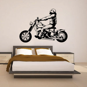 Black motorcycle illustration wall decal with rider on vintage-style bike