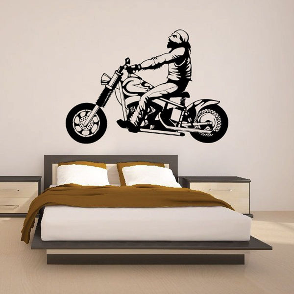Black motorcycle illustration wall decal with rider on vintage-style bike