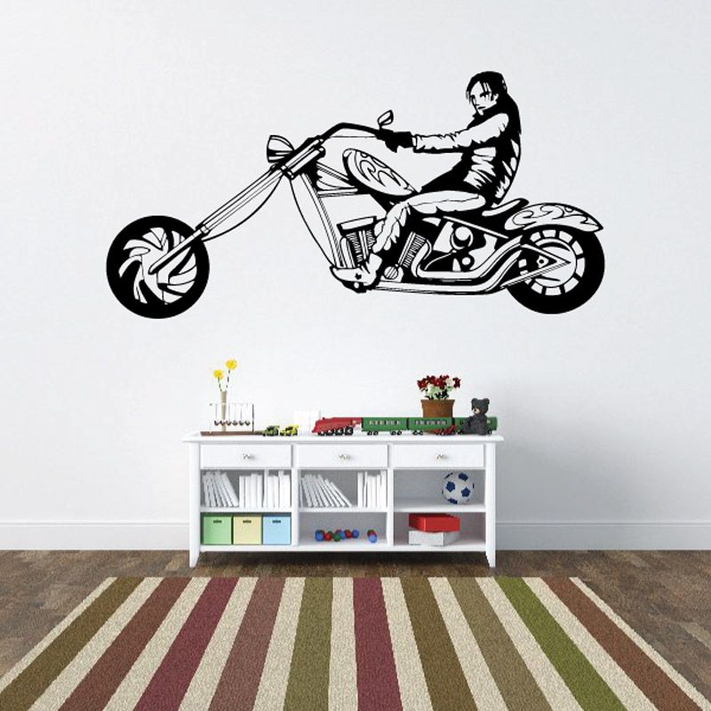 Motorcycle rider wall decal, black motorcycle vinyl illustration