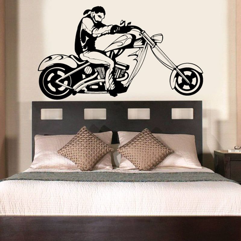 Motorcycle rider wall decal vinyl, black illustrated motorcycle with side view.